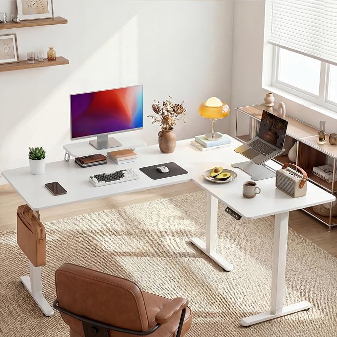 Shahoo L Shaped Electric Standing Desk, 63"x47.2" Corner Height Adjustable Sit Stand Desk with Monitor Riser, Ergonomic Stand Up Desk, 154 LBS Load Capacity Quiet Motor Home Office Computer Desk