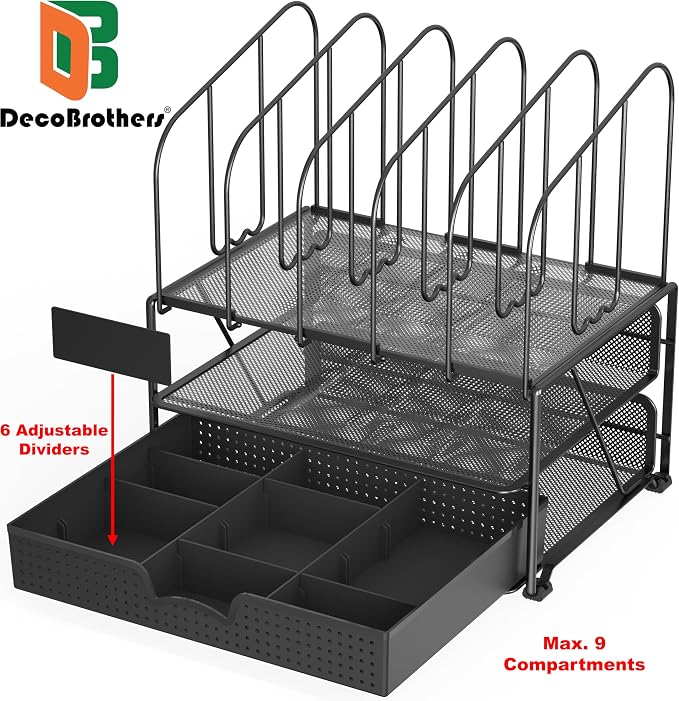 Deco Brothers Mesh Desk Organizer with Double Tray, 5 Upright Sections and Sliding Drawer, Black | Sliding Drawer with Adjustable Dividers, Black