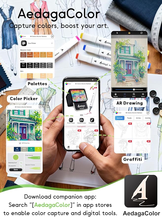 AEDAGA 120 Colors Alcohol Markers with Free App, Dual Tip Art Marker with Kickstand Case for Artists Adults. Alcohol Based Markers for Coloring Painting Sketching and Drawing, Great Gift