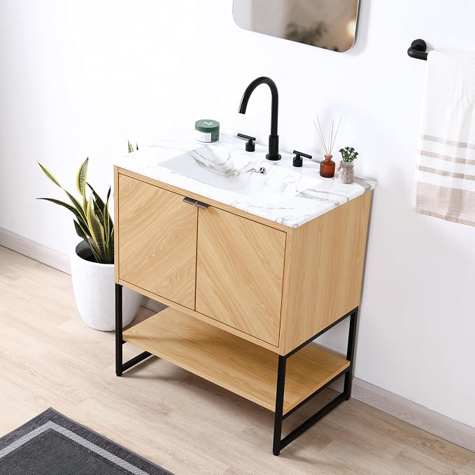 JONATHAN Y Juhl 30" Chevron Freestanding Bathroom Vanity Cabinet, Oak | Modern Minimalist Design, 18" Deep 33" Tall, 2 Soft-Close Doors, Interior And Open Shelves, Sink Not Included