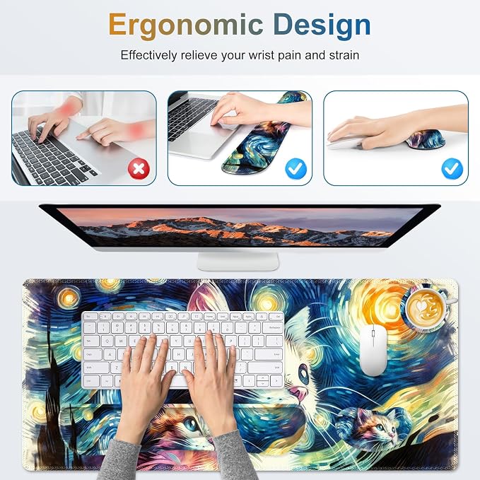 Large Gaming Mouse Pad Set, 4 in 1 Ergonomics Keyboard Desk Mat Memory Foam Wrist Rest, Computer PC Extended Game Mousepad, Non-Slip Desk Matt Easy Typing Pain Relief I Starry Night Art Cat