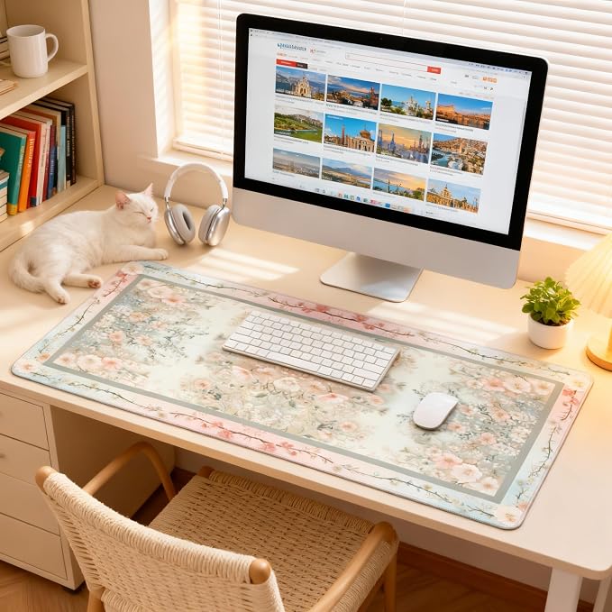 Cute Floral Aesthetic Daisy Gaming Mouse Pad, Morandi Rug Desk Mat with Anti-Slip Base & Stitched Edges,35.4" x 15.7" in Table Mat for Computer Desktop, Beautiful Workstation Decor