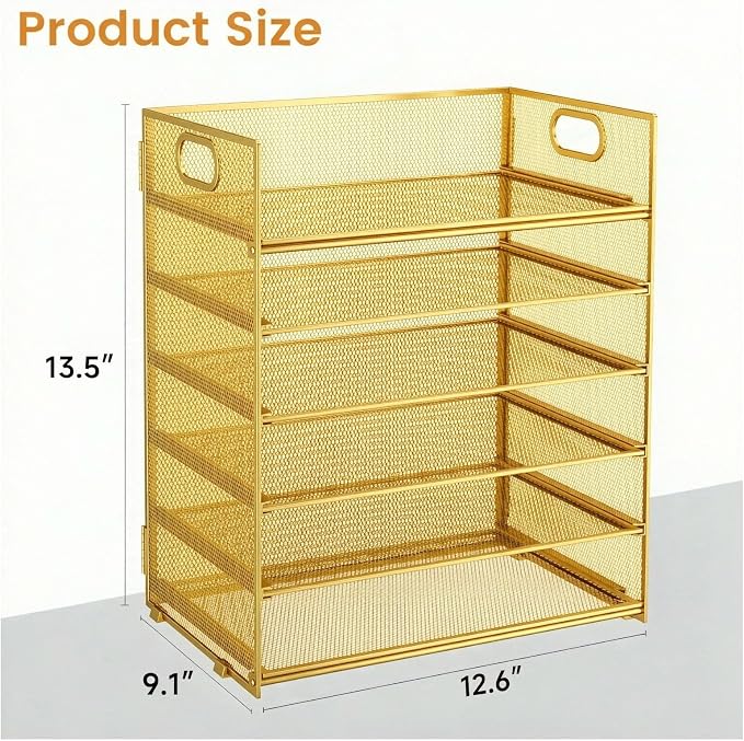 6 Trays Paper Organizer with Handle - Mesh Desk File/Letter Paper Sorter Organizer for Office, Home or School (Gold)