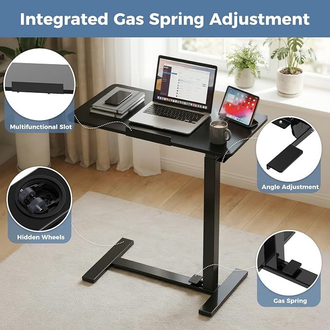DUMOS Mobile Standing Desk, Bedside Table, Overbed Table | Adjustable Pneumatic Lift, Hidden Wheels, Portable Computer Cart, Bed Couch Office Sofa, Modern Black