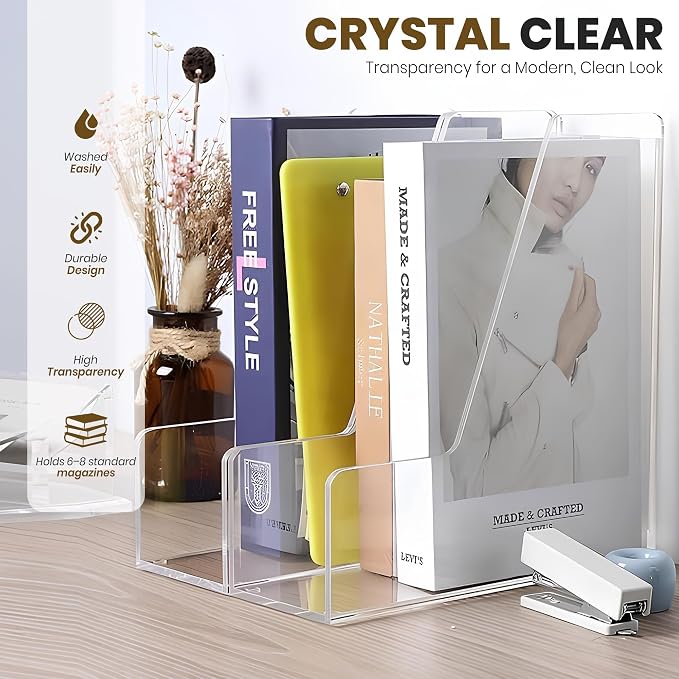 2-Pack Clear Acrylic Magazine File Holder, Vertical File Folder Holder, Acrylic Desk Organizer, Magazine Holder, Bookshelf Desk Office, Folder Organizer Document Rack + Phone Holder
