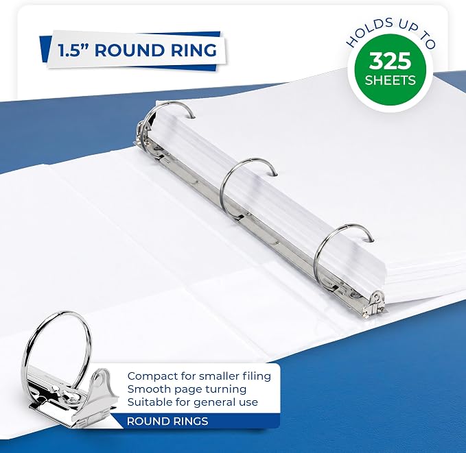 Samsill 1.5 Inch 3 Ring Binders, Economy Round Ring, Clear View Cover, 325 Sheet Capacity - for School, Home, Office - White, 4 Pack
