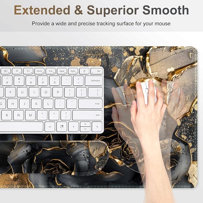 Desk Mat Pad, Gaming Mouse Pad Wrist Support Set, 4 in1 Non-Slip XXL Large Mousepad + Ergonomic Keyboard Wrist Rest+Mouse Wrist Rest+Coaster for Home Office PC Computer I Black Gold Floral
