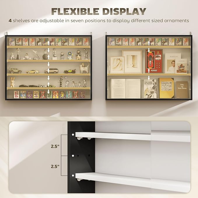 HOMCOM 5-Tier Wall Mounted Display Cabinet Glass Doors 60x80cm Black/White | Display Case, 4 Adjustable Shelves, for Home Office Ornaments