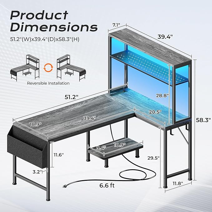 L Shaped Gaming Desk with LED Lights & Power Outlets | Reversible Computer Desk with Storage Shelves & Bag, Large Corner Home Office Desk with Pegboard for Work from Home, Grey