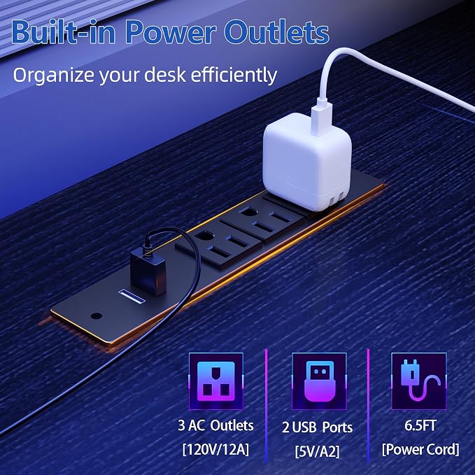Furologee 51" Gaming Desk with Power Outlets & LED Lights, Reversible Computer Desk with File Cabinet & Monitor Stand for Home Office, Large Work Table with Storage Shelves & Drawer, Black