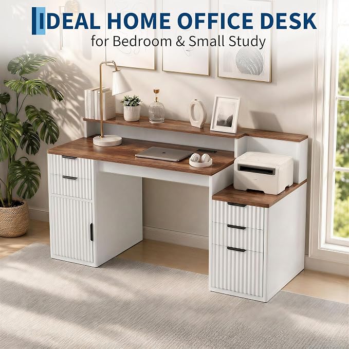 Rectangular Computer Desk with Hutch & Printer Stand, Ripple Door Storage Home Office Desk, Space-Saving Study Writing Desk for Bedroom, Sturdy Board Student Desk with Easy Assembly, Brown & White