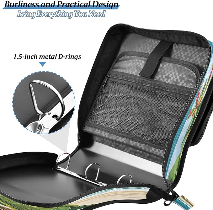 Parrots on The Beach Zipper Binder 3 Ring with Handle and Shoulder Strap, 500 Sheet Binder Organizer Capacity & Multi-Pockets for School Office