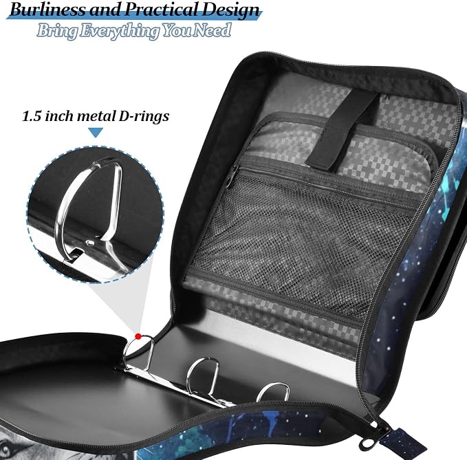 Wolf Space Star Print 3 Ring Zipper Binder with Shoulder Strap & Handle 2 Inch D-Ring Zippered Binder Bag with Multiple Pocket & Pencil Pouch, Binder Organizer for School or Office