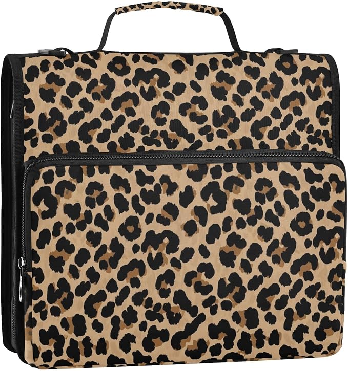 Leopard Brown Print Zipper Binder Bag 3 Ring with Shoulder Strap & Handle Multi Pocket Binder Organizer Bag Large Capacity for School Office Supplies