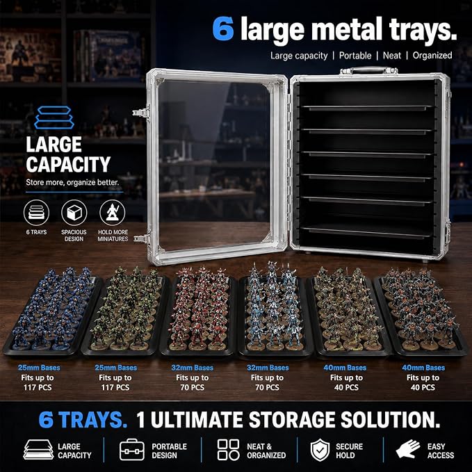 Miniature Carrying Case for Wargame Figures, Mini Display Case, X-Large | Aluminum Alloy, 6 Metal Trays, Combination Lock, Shoulder Strap, Storage Case for Collectibles, Tabletop Figure