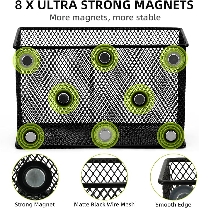 Neudeco Magnetic Locker Shelf Organizer, Black, Pack of 3 | Pencil Holder, Metal Storage Basket, For Whiteboard & Refrigerator, Ideal for School