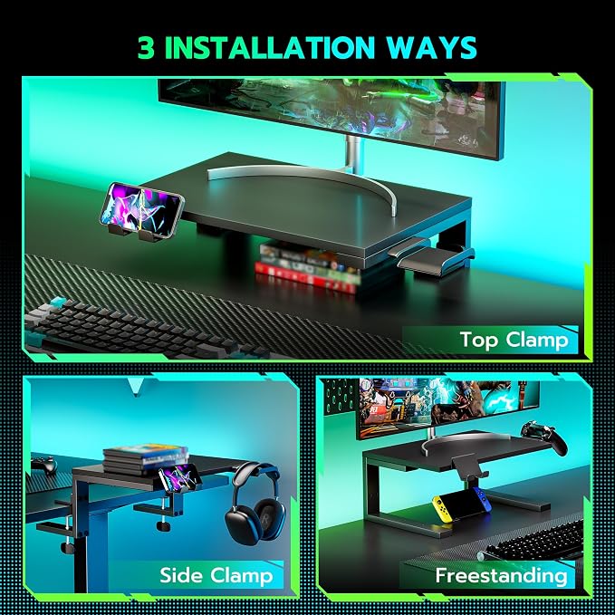 ARES WING Clamp-On 15" 3-in-1 Heavy Duty Desk Shelf Extender Black | Phone Headset holder Clamp Desk Extender Shelf,Desktop Organizer for Gaming and Office Accessories