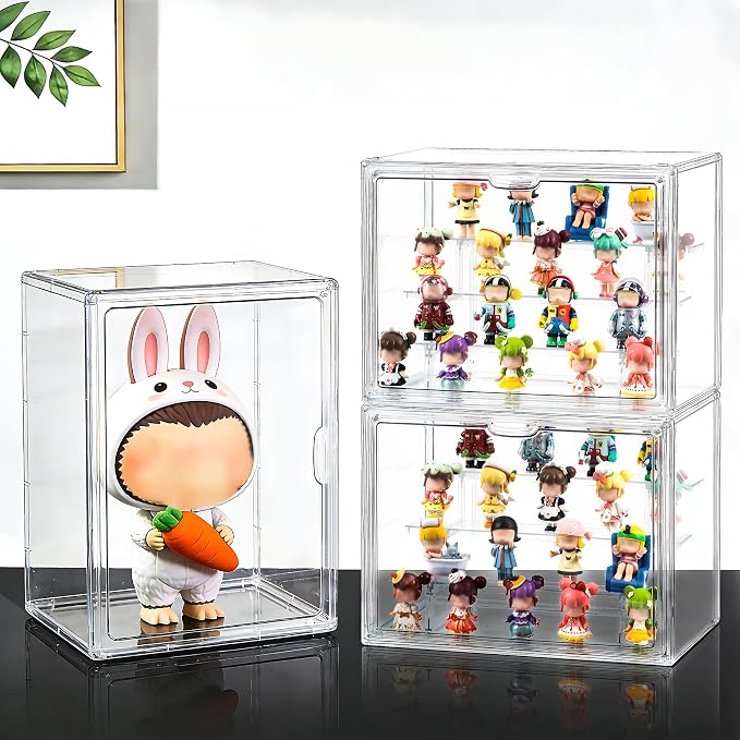 2 Pack 3-Tier Acrylic Display Case with Adjustable Shelves - Magnetic Door Clear Showcase Box - Stackable Dustproof Organizer for Action Figures Collectibles