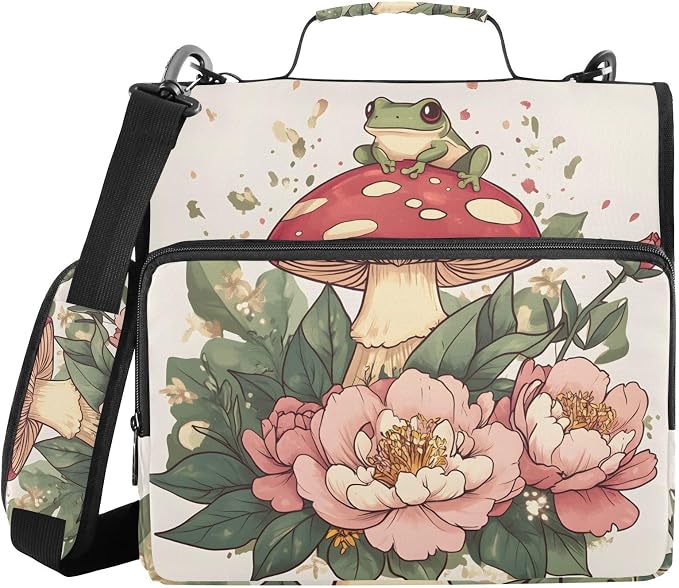 3 Ring Zipper Binder with Shoulder Strap Mushroom Frog Flower 1.5 inch Binders Keeper Large Capacity Multi Pockets for School Office Supplies