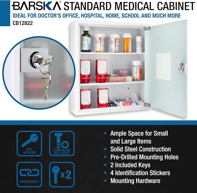 Barska Wall Mount Medical Security Cabinet with Key Lock – Standard Size, Includes Magnetic Erase Pad for Medications, First Aid, or Supplies - Medicine Cabinet Organizer - Medicine Storage Glass