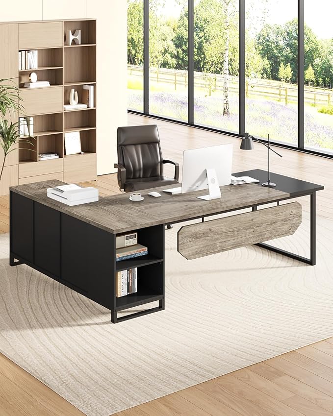 LITTLE TREE 70.8 Inches Executive Desk and 55 Inches File Cabinet Combo, Large L Shaped Computer Desk with Storage Cabinet and Shelves, Modern Business Furniture for Home Office, Grey & Black