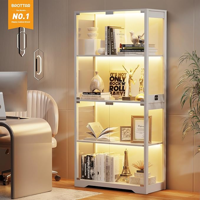 BROTTAR Display Cabinet with Glass Doors, 4-Tier Display Case, White | Curio Cabinet with 3 Color Lights for Collectibles, Storage Cabinets with Human Body Sensor