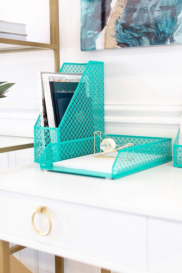 BLU MONACO | Dark Teal Desk Organizer Set | 5 Piece Metal Desk Accessories with Mail Sorter, Pen Cup, Sticky Note Holder, Magazine File, Paper Tray | Desk Organizers and Accessories