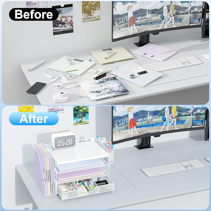 gianotter Wood Desk Organizers and Accessories with File Holder, 4-Tier Desk Accessories & Workspace Organizers with Drawer and 2 Pen Holder, Desk Reference Organizer (White, 4T with Metal Drawer)