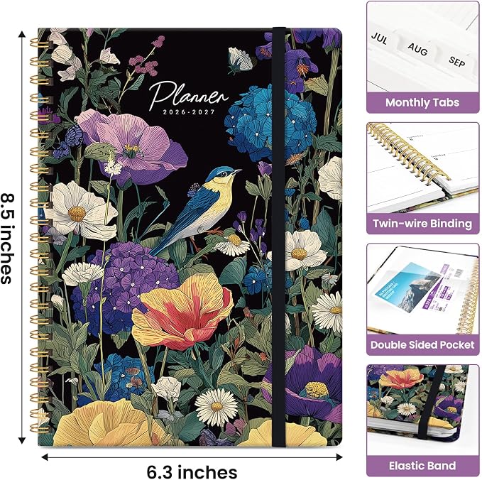 Planner 2026-2027, Monthly & Weekly Jul 2026-Jun 2027 Calendar Book | 6.3" x 8.5", Hardcover Spiral Planner with Tabs, School Pretty Agenda for Women, Students, Teachers, Whispering Petals