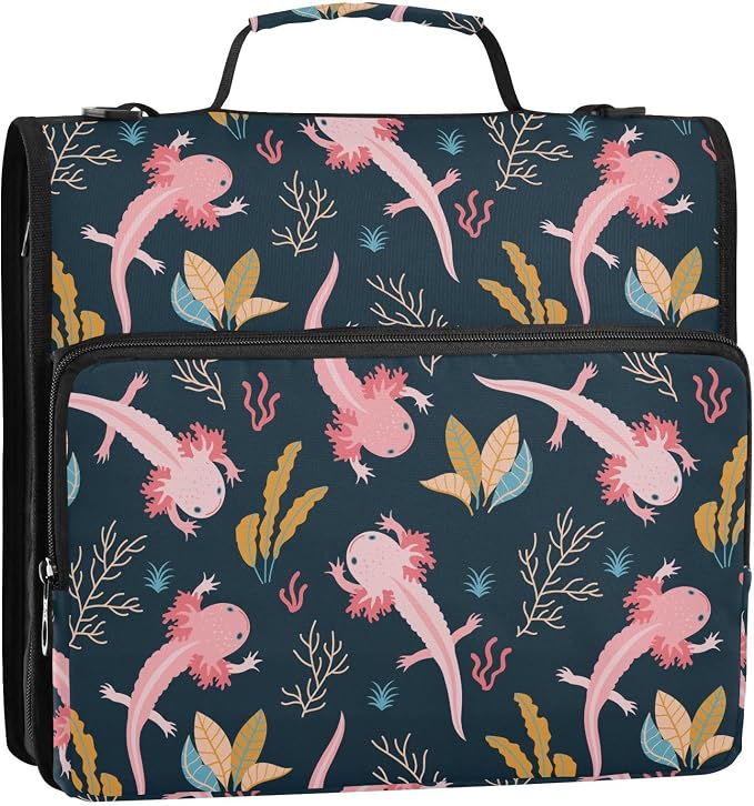 Axolotls Print Zipper Binder Bag 3 Ring with Shoulder Strap & Handle Multi Pocket Binder Organizer Bag Large Capacity for School Office Supplies