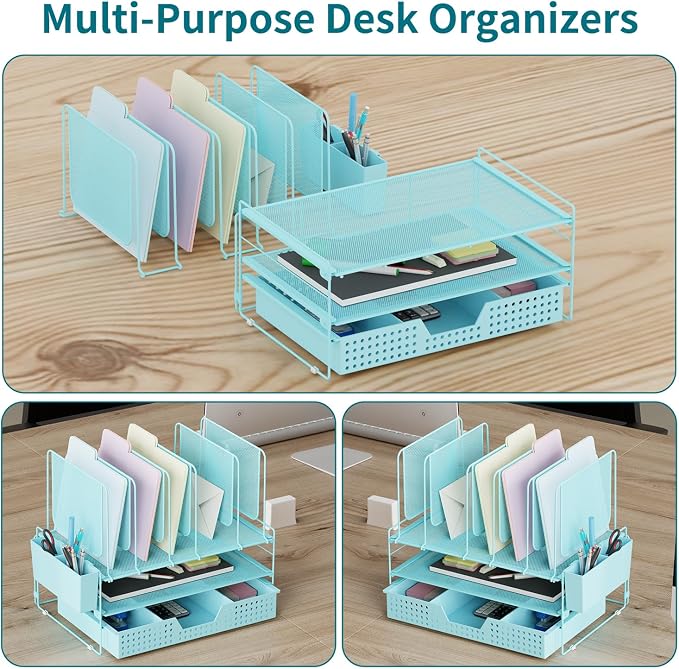 LEKETREE Teal Desk Organizer, Office Organization with Vertical File Holder, File Organizer with Drawer and Pen Holder, Desk Accessories and Workspace Organizers for Home Office (Sky Blue)