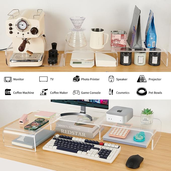 LEKETREE Acrylic Monitor Stand , Clear Monitor Stand for Desk, Computer Accessories for Home Office, Desk Organizer Shelf for Laptop, PC, Multi Media and more