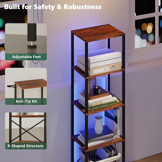JARHETUN 5-Tier Bookshelf, Tall Narrow Bookcase with LED Lights, Book Shelf with Steel Frame, Office Furniture, Display Storage Shelf for Living Room, Bedroom, Study, Balcony, Rustic Brown