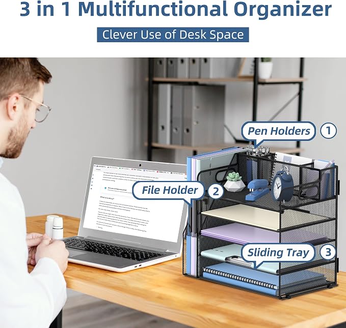 4-Tier Desk Organizer with Paper Trays, Pen and Magazine Holders, Black | Paper Organizer for Desk with 4 Paper Trays, Pen Holder, Magazine Holder and Carrying Handles for Files and Office Supplies