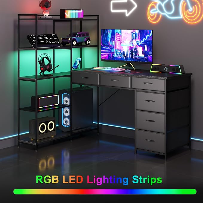 L Shaped Gaming Desk with Power Outlet & RGB Lights, Corner Computer Desk with 6 Drawers 5-Tier Shelves, PC Workstation with USB/Type-c Charging for Home Office, Black