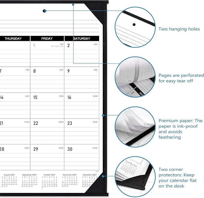 2027 Desk Calendar - JAN. – DEC. 2027, 22" x 17", Large Desk Calendar 2027 | 12 Monthly Large Desk/Wall Calendars 2-in-1, Corner Protector, Desk Pad, Large Ruled Blocks