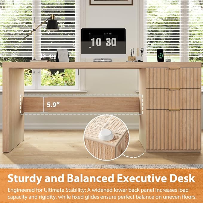 60" Fluted Executive Desk with Ample File Drawer & Large Charging Station, Wood Modern Home Office Desk with Storage, Computer Writing Desk for Work, Living Room, Bedroom, Durable & Sturdy, Natural