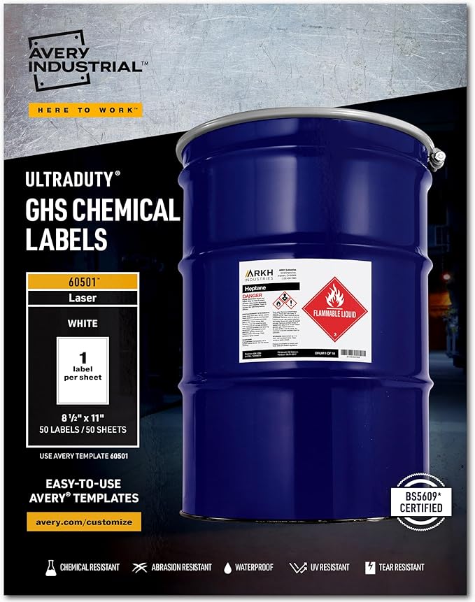 Avery® UltraDuty® GHS Chemical Labels for Laser Printers, Waterproof, UV Resistant, 8.5 x 11, 50 Pack (60501)