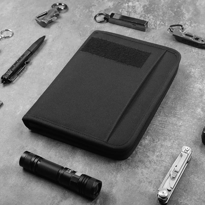 Kosibate Tactical Notebook Padfolio Ring Binder with 80 Sheets, Tactical Binder Zippered for Folders, Cards Refillable 6-Ring Notepad,Army Military Waterproof Notebook Cover(Black,7.3"x10.1")