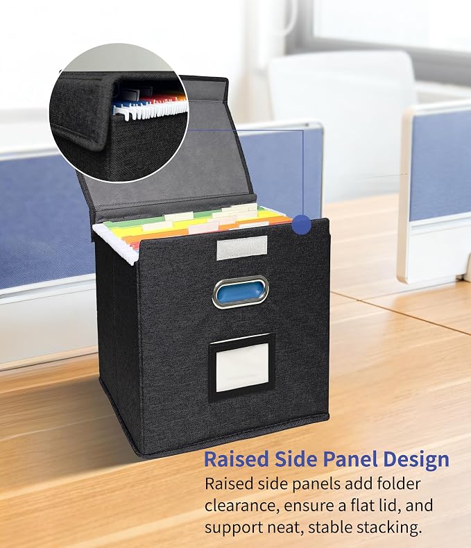 4 Pack Hanging File Folder Box with Lid, Durable Letter Size Filing Storage Box, Sturdy File Holder with Cardboard Support PVC Rails for Office Home Organizer, Black