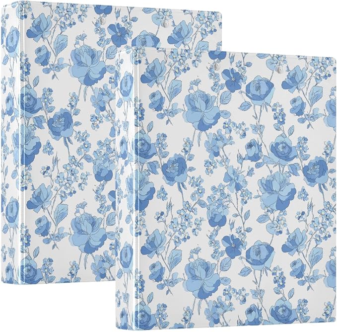 Aslsiy Vintage Blue Floral Moth 3 Ring Binder 1.5 Inch White Round Clipboard Binder Decorative Harcover Binder Organizer for Office Supplies