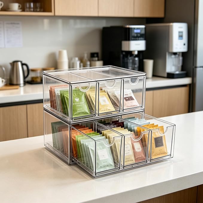 Prsildan Tea Bag Organizer K Cup Holder Drawer Coffee Pods Storage, 2 Pack | Clear Acrylic, Stackable, Pull Out, For Kitchen Office Craft Art Supplies Hair Accessories Makeup Small Items