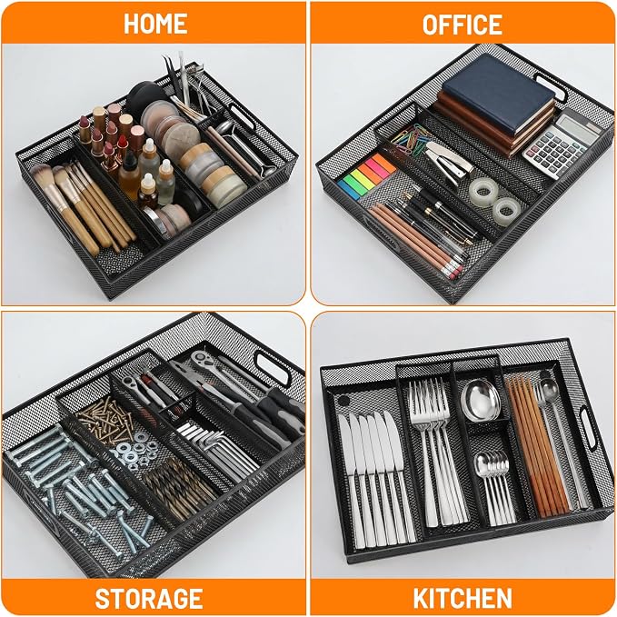 5 Pack Desk Drawer Organizer Tray Set - Stackable Metal Mesh Desk Drawer Organizers and Accessories, for Office Supplies Storage(Black)
