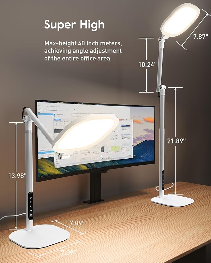 Tall LED Desk Lamps with Base, Edge-Lit Eye-Care, 50 Light Modes | 40" Height, Dimmable & Flexible, CRI>97.8, Memory and Timer Func, Stable Metal Base for Home Office, Video Calls & Drafting