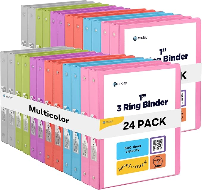 Enday 1 Inch Binder (24 Pack - Assorted Colors) 3 Ring Binder 1 inch with Clear View Cover and 2 Inside Pocket - for Letter Size 8.5 x 11'' Paper, Ideal for School Supplies, Office, and Home
