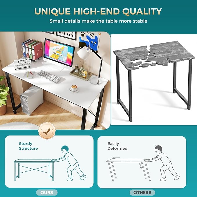 DUMOS 47 Inch Small Computer Desk, Gaming Desks for Home Office Bedroom | Modern Study Writing Work Table, Craft PC Desk Simple Workstation with Reinforcement Structure, Modern White