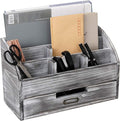 Rustic Wooden Office Desk Organizer 5 Compartment with 2 Drawer &Counter Home Tabletop Desktop Jewelry Mail Rack Storage Box for Pens Notebooks Folders Pencils (Grey white)