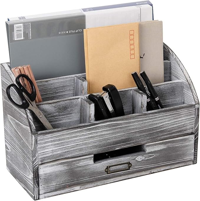 Rustic Wooden Office Desk Organizer 5 Compartment with 2 Drawer &Counter Home Tabletop Desktop Jewelry Mail Rack Storage Box for Pens Notebooks Folders Pencils (Grey white)