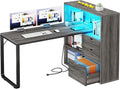YITAHOME 55" L Shaped Corner Computer Desk with Drawers & Power, Grey | 3 Drawers, 3 Storage Shelves, Bookshelf, Power Outlets, LED Lights, File Cabinet, Easy Assembly