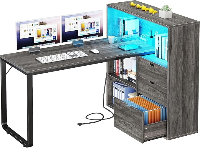 YITAHOME 55" L Shaped Corner Computer Desk with Drawers & Power, Grey | 3 Drawers, 3 Storage Shelves, Bookshelf, Power Outlets, LED Lights, File Cabinet, Easy Assembly